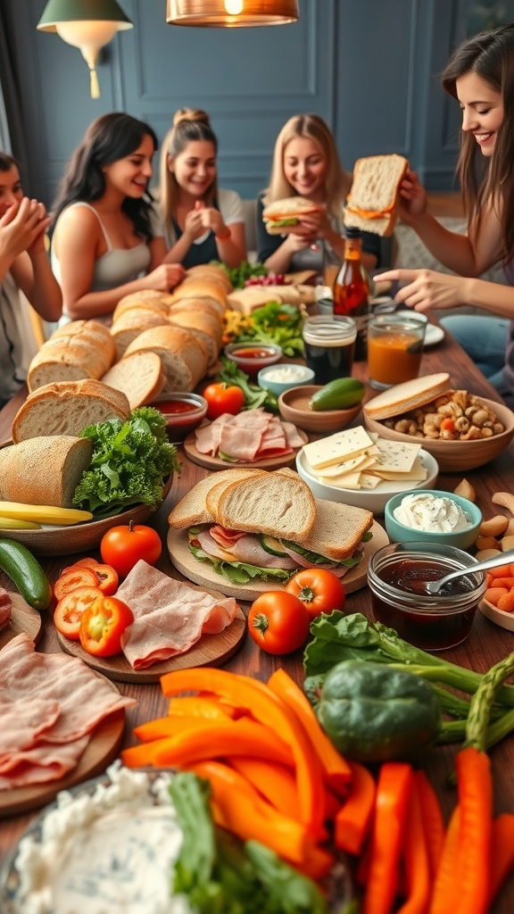 Gourmet Sandwich Night Recipe A table set up for sandwich night with various breads, meats, cheeses, and vegetables.
